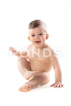 Toddler  nude  Funny child baby boy toddler naked in diaper Stock Image #171270346