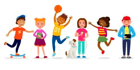 Funny children cartoon characters vector illustration in flat design. Girls and Illustrazione stock