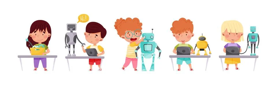 Funny Children Engineering Robots Process Vector Illustration Set 스톡 일러스트