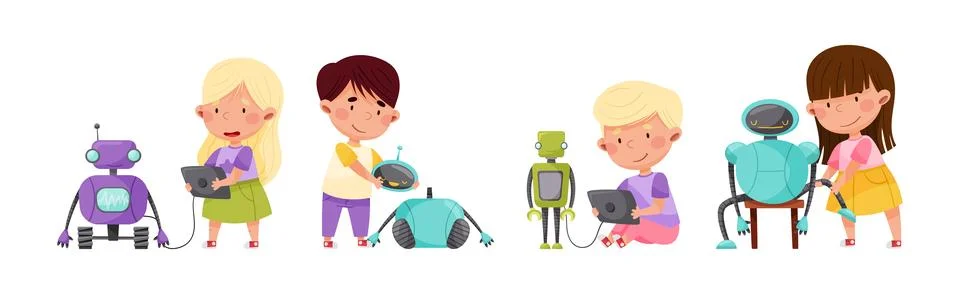 Funny Children Engineering Robots Process Vector Illustration Set Illustrazione stock