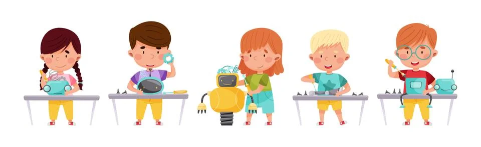 Funny Children Engineering Robots Process Vector Illustration Set Illustrazione stock