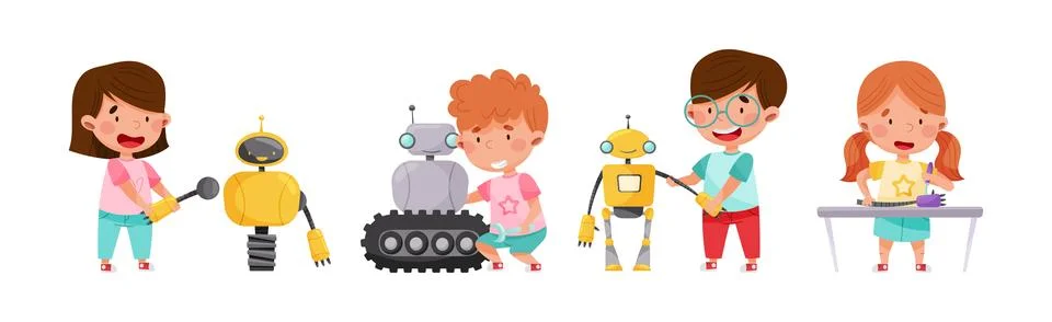 Funny Children Engineering Robots Process Vector Illustration Set 스톡 일러스트