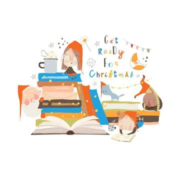 Funny Children sitting on Big Stack of Books and waiting Santa Claus Stock Illustration