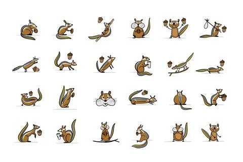 Funny Chimpanks with nuts. Ground Squirrel. Icon Collection for your design Stock Illustration