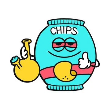 Funny chips bag with bong. Vector kawaii cartoon illustration icon design. Weed Stock Illustration