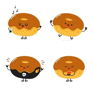 Funny Chocolate Doughnut characters bundle set. Vector hand drawn doodle st.. Stock Illustration
