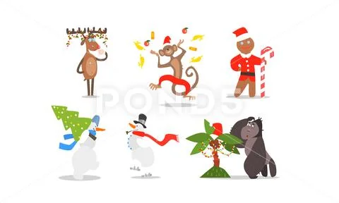 Funny Christmas characters for winter Holidays design, reindeer, monkey Stock Illustration