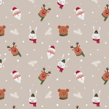 Funny christmas pattern cartoon deer santa claus hare and bear Illustrazione stock