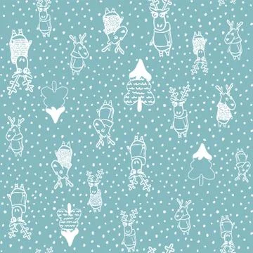 Funny christmas pattern in light turquoise color with deer, snow and fir trees Illustrazione stock