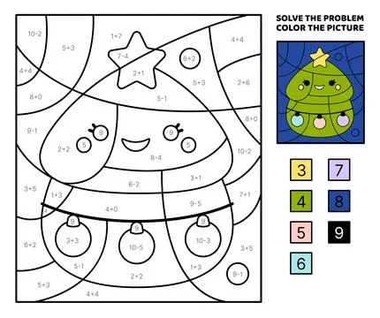 Funny Christmas tree. Solve the problem, color the picture. Addition Stock-Illustration