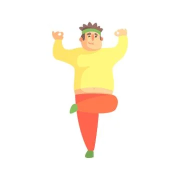 Funny Chubby Man Character Doing Gym Workout In Balance Yoga Posture Stock Illustration