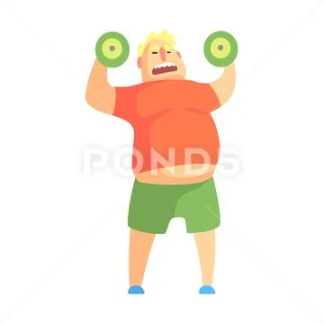 Funny Chubby Man Character Doing Gym Workout Weight Lifting Illustration Stock Illustration