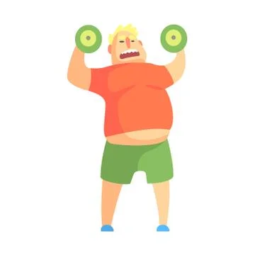 Funny Chubby Man Character Doing Gym Workout Weight Lifting Illustration Stock Illustration