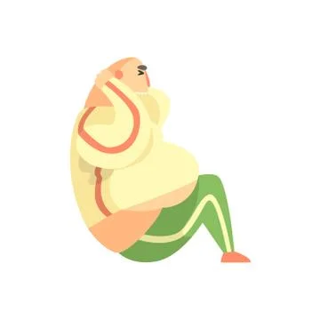 Funny Chubby Man Character Doing Abs Training Exercise At Gym Workout Stock Illustration