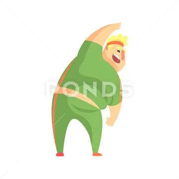 Funny Chubby Man Character Doing Gym Workout Stretching And Smiling Illustration Stock Illustration