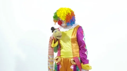 Funny circus clown talking to puppet on his hand Stock-Footage 70286410