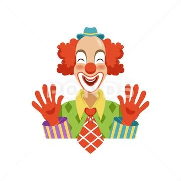 Funny circus clown in traditional makeup showing his hands, cartoon friendly Stock Illustration
