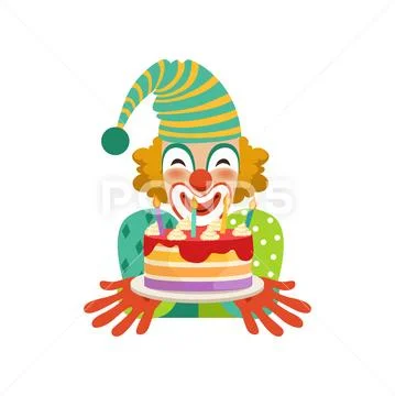Funny circus clown in traditional makeup with birthday cake, cartoon friendly Stock Illustration