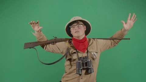 Funny classic explorer having a great time dancing with his musket Stock Footage 119801862