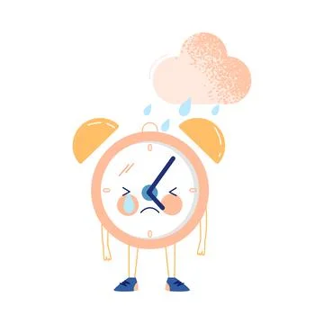 Funny Clock Character with Crying Face Standing Under Rainy Cloud Vector Stock Illustration