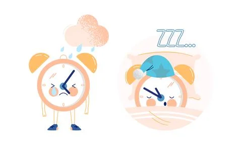 Funny Clock Character Crying with Rain and Sleeping in Bed on Pillow Vector Set Stock Illustration