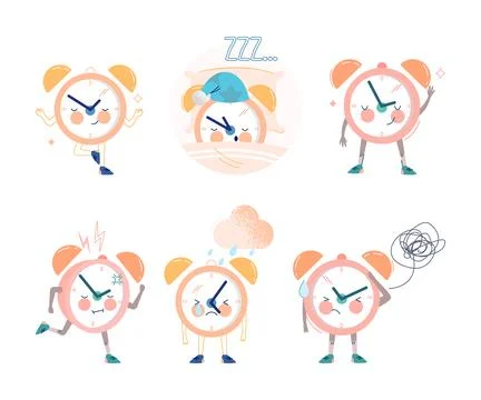 Funny Clock Character with Cute Face Vector Set 스톡 일러스트
