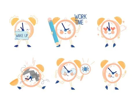 Funny Clock Character with Cute Face Vector Set Stockillustratie