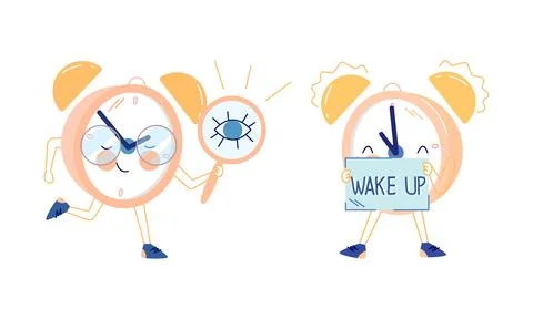 Funny Clock Character in Glasses Running with Magnifying Glass and Waking Up 스톡 일러스트