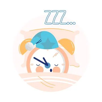 Funny Clock Character in Night Cap Sleeping and Snoring in Bed on Pillow Vector Stock Illustration