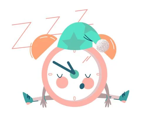 Funny Clock Character in Night Cap Sleeping and Snoring Sitting on the Ground Stock Illustration