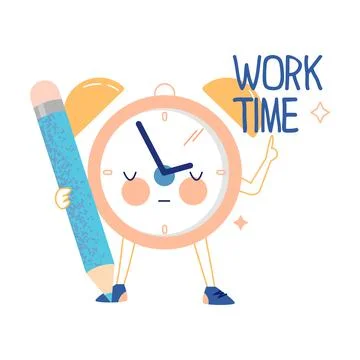 Funny Clock Character with Pencil Pointing at Work Time Vector Illustration 스톡 일러스트
