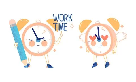 Funny Clock Character with Pencil Working and Fluttering Feeling Love Vector Set 스톡 일러스트