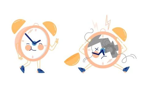 Funny Clock Character Showing V Sign and Sitting with Broken Dial Vector Set Stock Illustration