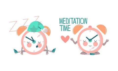 Funny Clock Character Sleeping in Night Cap and Meditating in Yoga Pose Vector 스톡 일러스트