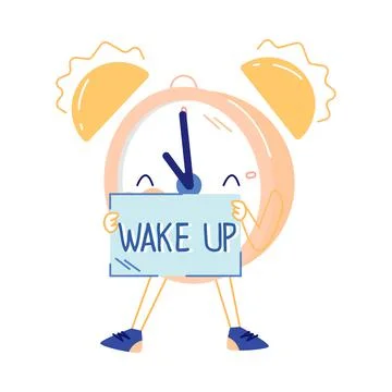 Funny Clock Character with Smiling Face Ringing Showing Wake Up Placard Vector 스톡 일러스트