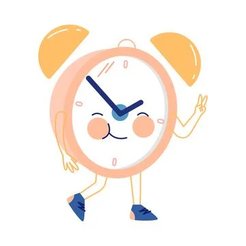 Funny Clock Character with Smiling Face Walking and Showing V Sign Hand Gesture 스톡 일러스트