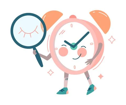 Funny Clock Character with Smiling Face Holding Magnifying Glass with Closed Eye イラスト素材