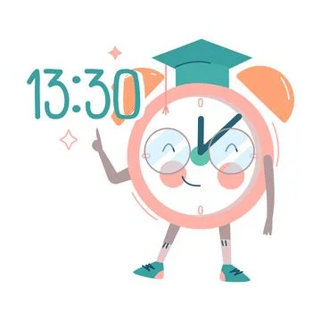 Funny Clock Character with Smiling Face in Graduation Hat Pointing at Time 스톡 일러스트