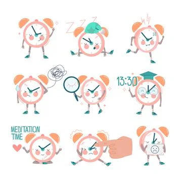 Funny Clock Character with Smiling Face Sleeping and Thinking Vector Set 스톡 일러스트