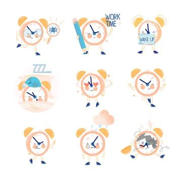 Funny Clock Character with Smiling Face Sleeping and Crying Vector Set 스톡 일러스트