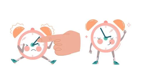 Funny Clock Character Waving Hand and Smiling and Ringing Vector Set Stock Illustration