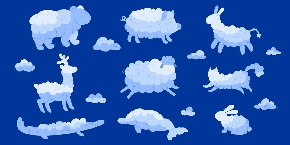 Funny clouds of different animal shape set, bear deer crocodile dolphin sheep Stock Illustration
