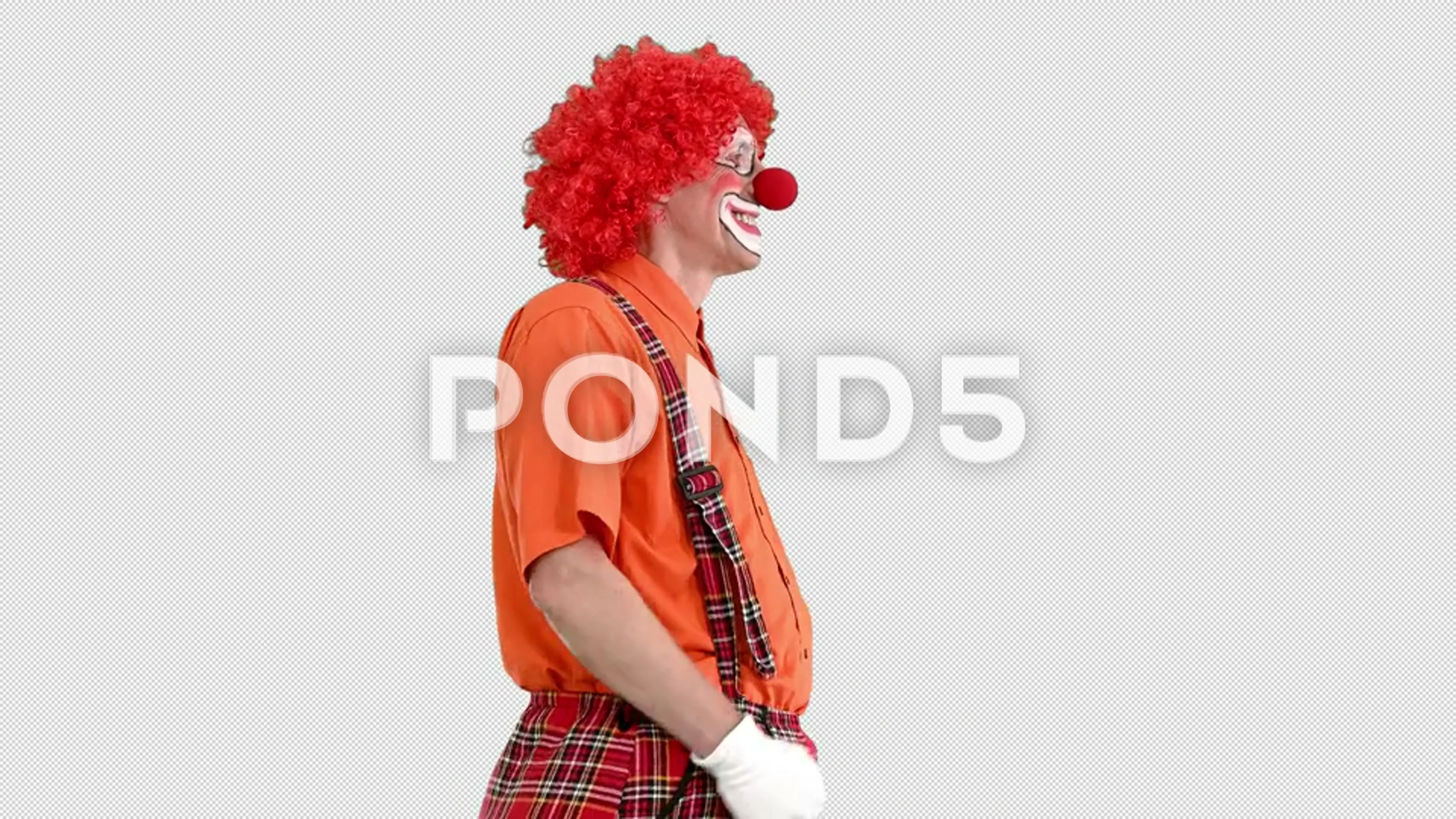 Funny clown with red hair walking comically, Alpha Channel