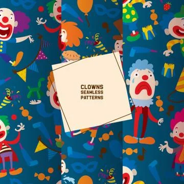 Funny clowns characters and different circus accessories seamless pattern Stock Illustration