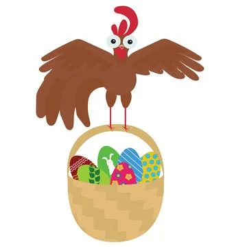 A funny cockerel sits on a basket of Easter eggs. Vector illustration on white Stock Illustration