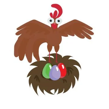 A funny cockerel sits on a nest with Easter eggs. Vector illustration on white Stock Illustration