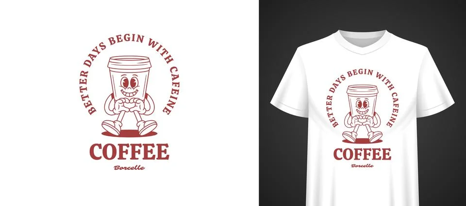 Funny Coffee Cup Mascot Vector Template  TShirt Print Design Stock Illustration