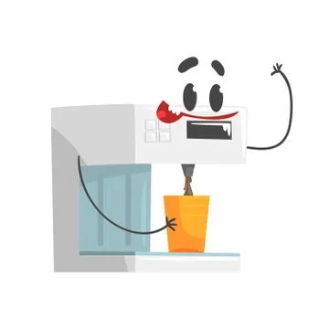 Funny coffee machine character with smiling face, humanized home electrical Stock Illustration