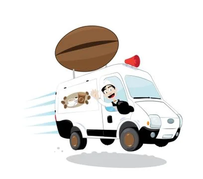 Funny coffee van driven by a friendly barman cheering and smiling Stock Illustration