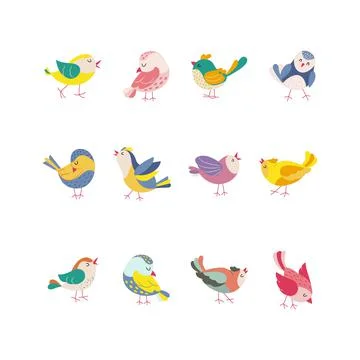 Funny colored birds in different poses set. Exotic birds collection. Vector Stock-Illustration